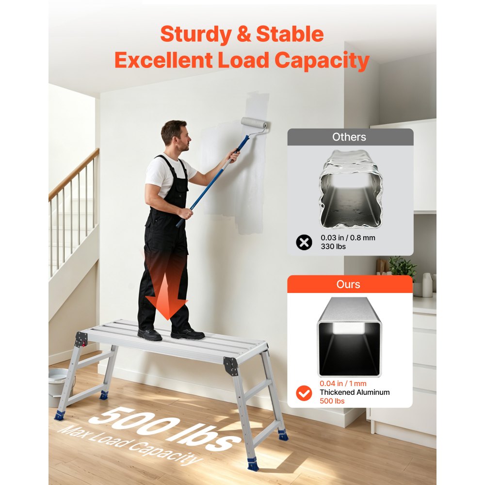 VEVOR Folding Work Platform, Adjustable Height 23-34.5 in, 40 x 18 in Aluminum Step Stool, 500 lbs Load Capacity, Heavy Duty Non-Slip Platform Ladder, Portable Work Bench for Painting, Maintenance