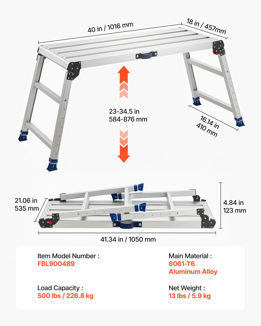 VEVOR Folding Work Platform, Adjustable Height 23-34.5 in, 40 x 18 in Aluminum Step Stool, 500 lbs Load Capacity, Heavy Duty Non-Slip Platform Ladder, Portable Work Bench for Painting, Maintenance