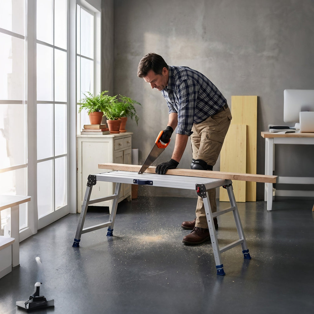 VEVOR Folding Work Platform, Adjustable Height 23-34.5 in, 40 x 18 in Aluminum Step Stool, 500 lbs Load Capacity, Heavy Duty Non-Slip Platform Ladder, Portable Work Bench for Painting, Maintenance
