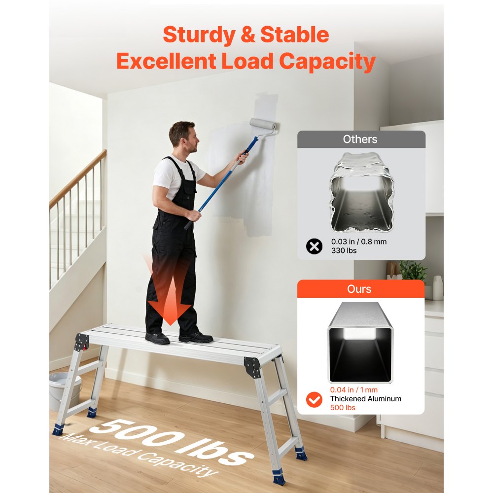 VEVOR Folding Work Platform, Adjustable Height 23-34.5 in, 40 x 12 in Aluminum Step Stool, 500 lbs Load Capacity, Heavy Duty Non-Slip Platform Ladder, Portable Work Bench for Painting, Maintenance