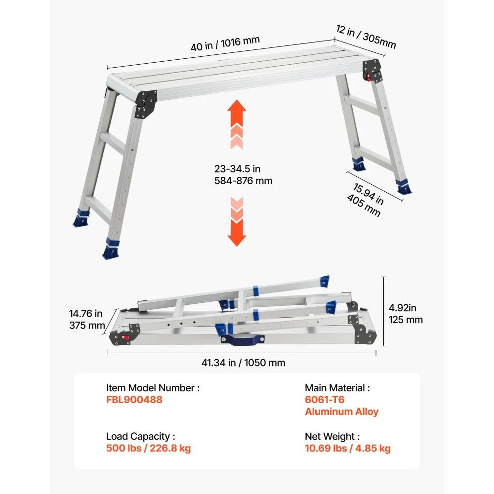 VEVOR Folding Work Platform, Adjustable Height 23-34.5 in, 40 x 12 in Aluminum Step Stool, 500 lbs Load Capacity, Heavy Duty Non-Slip Platform Ladder, Portable Work Bench for Painting, Maintenance