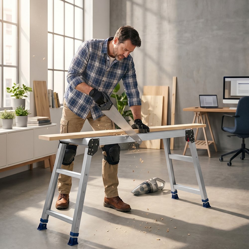 VEVOR Folding Work Platform, Adjustable Height 23-34.5 in, 40 x 12 in Aluminum Step Stool, 500 lbs Load Capacity, Heavy Duty Non-Slip Platform Ladder, Portable Work Bench for Painting, Maintenance