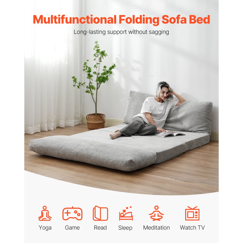 VEVOR Folding Sofa Bed, 3-in-1 Foldable Couch Bed with Washable Cover, 25D High Density Memory Foam Convertible Sleeper Chair Bed, Futon Couch for Living Room, Bedroom, Guest, Light Grey(Full)