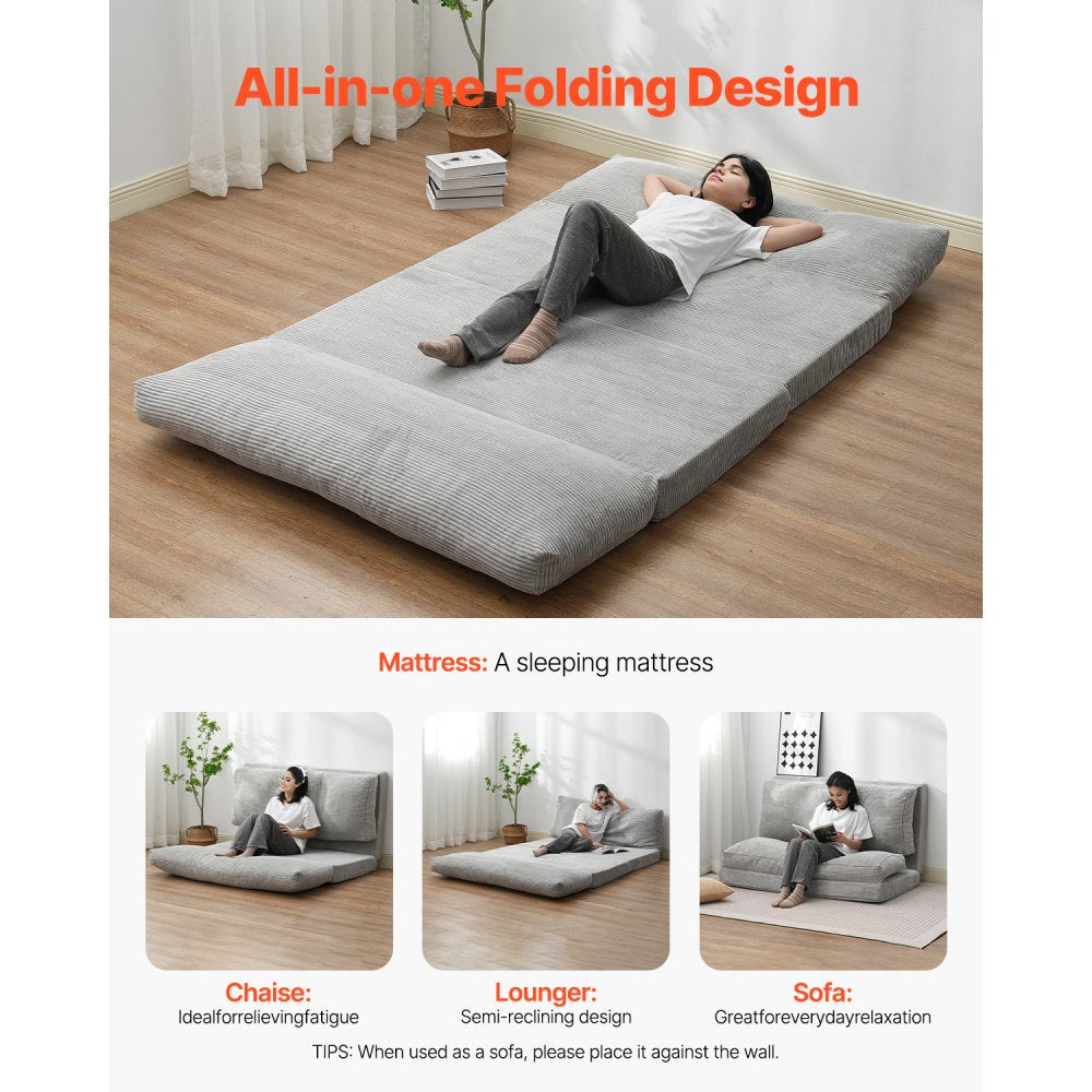 VEVOR Folding Sofa Bed, 3-in-1 Foldable Couch Bed with Washable Cover, 25D High Density Memory Foam Convertible Sleeper Chair Bed, Futon Couch for Living Room, Bedroom, Guest, Light Grey(Full)