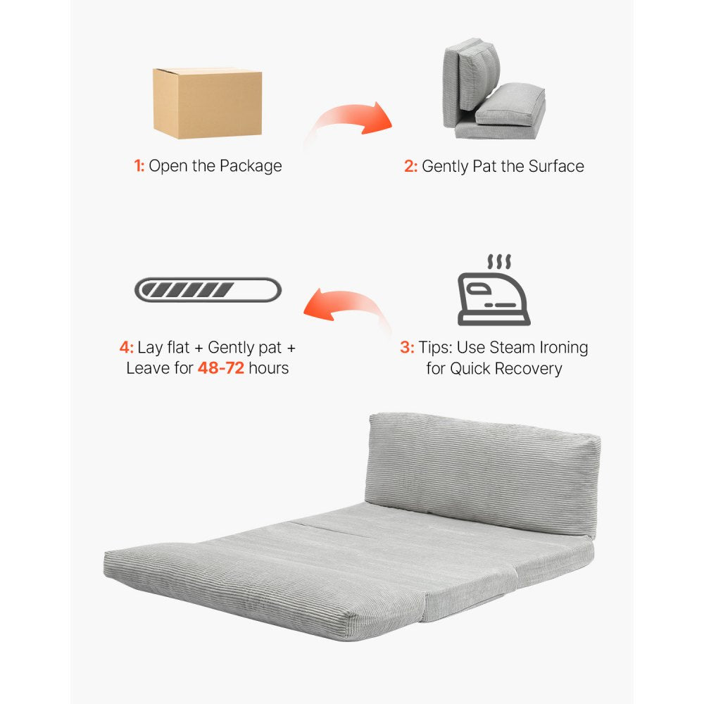 VEVOR Folding Sofa Bed, 3-in-1 Foldable Couch Bed with Washable Cover, 25D High Density Memory Foam Convertible Sleeper Chair Bed, Futon Couch for Living Room, Bedroom, Guest, Light Grey(Full)