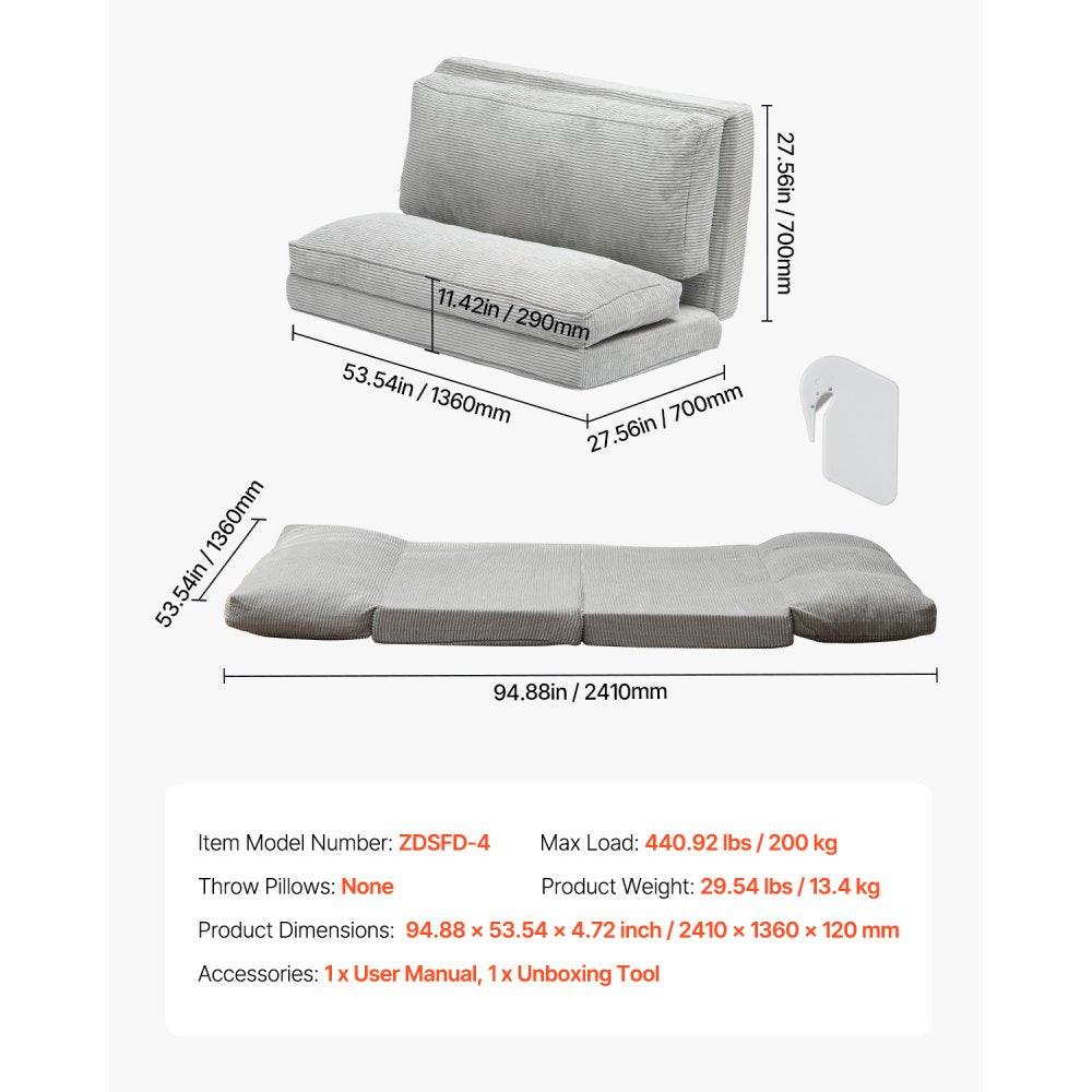 VEVOR Folding Sofa Bed, 3-in-1 Foldable Couch Bed with Washable Cover, 25D High Density Memory Foam Convertible Sleeper Chair Bed, Futon Couch for Living Room, Bedroom, Guest, Light Grey(Full)