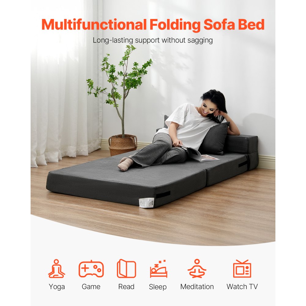 VEVOR Folding Sofa Bed, 3-in-1 Foldable Couch Bed with 2 Pillows and Washable Cover, 25D High Density Memory Foam Convertible Sleeper Chair Bed, Futon Couch for Living Room, Bedroom, Dark Grey(Twin)