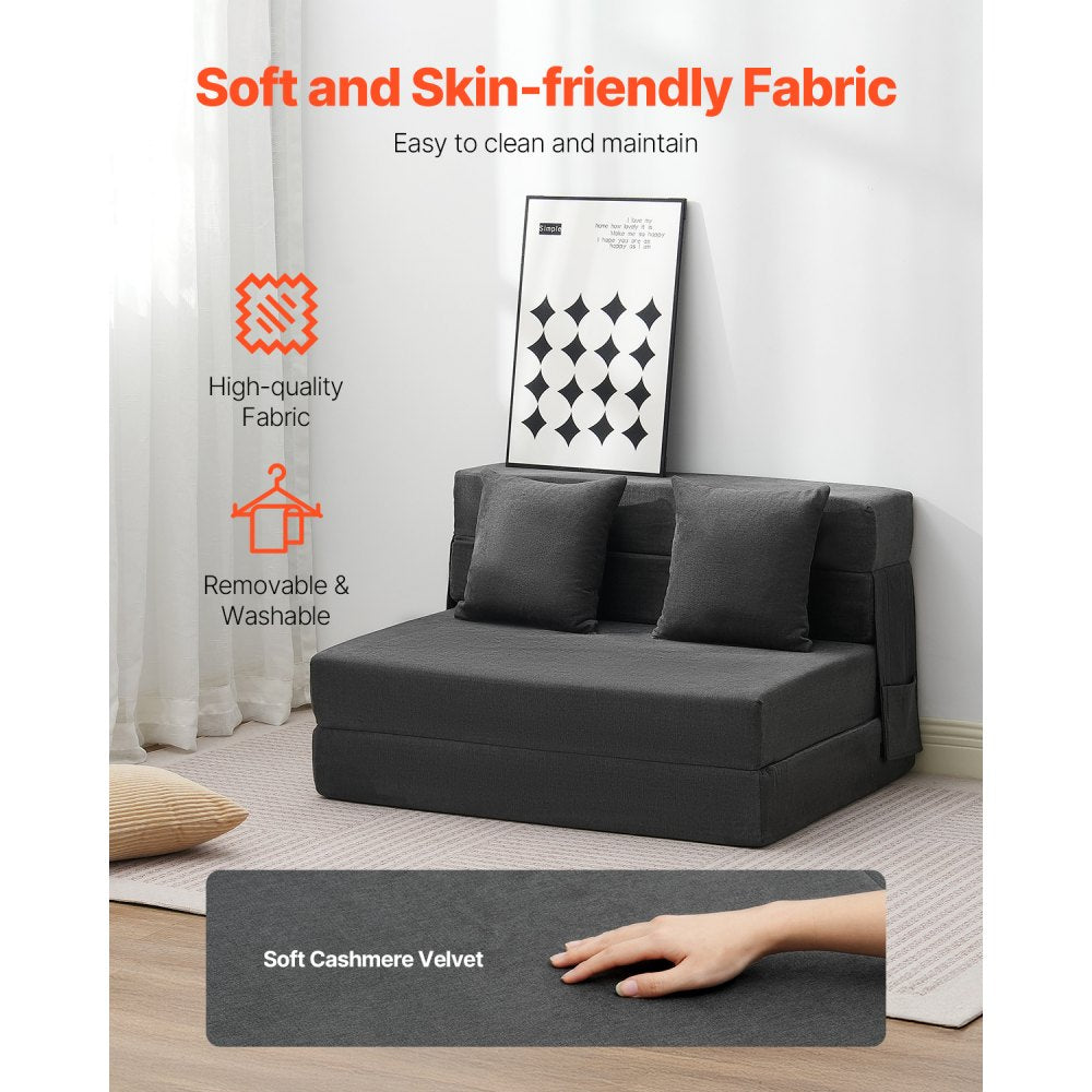 VEVOR Folding Sofa Bed, 3-in-1 Foldable Couch Bed with 2 Pillows and Washable Cover, 25D High Density Memory Foam Convertible Sleeper Chair Bed, Futon Couch for Living Room, Bedroom, Dark Grey(Twin)