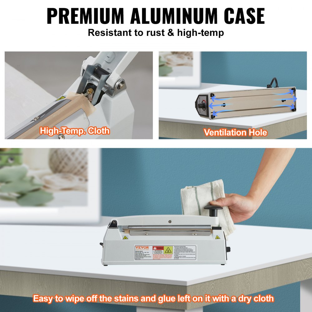 VEVOR Impulse Sealer 8 inch, Manual Heat Sealing Machine with Adjustable Heating Mode, Aluminum Shrink Wrap Bag Sealers for Plastic Mylar PE PP Bags, Portable Poly Bag Sealer with Extra Replace Kit