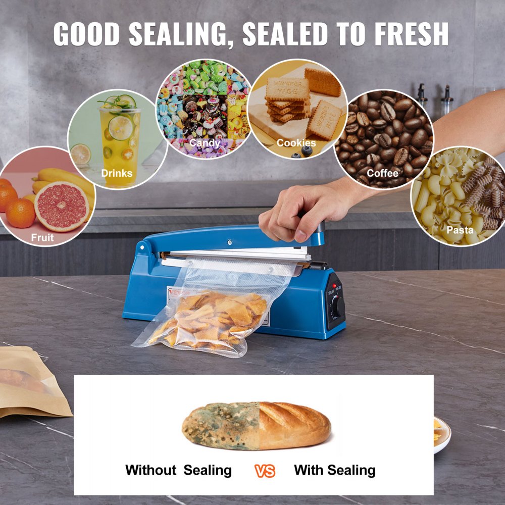 VEVOR Impulse Sealer 8 inch, Manual Heat Seal Machine with Adjustable Heating Mode, ABS Shrink Wrap Bag Sealers for Plastic Mylar PE PP Bags, Portable Poly Bag Sealing Machine with Extra Replace Kit