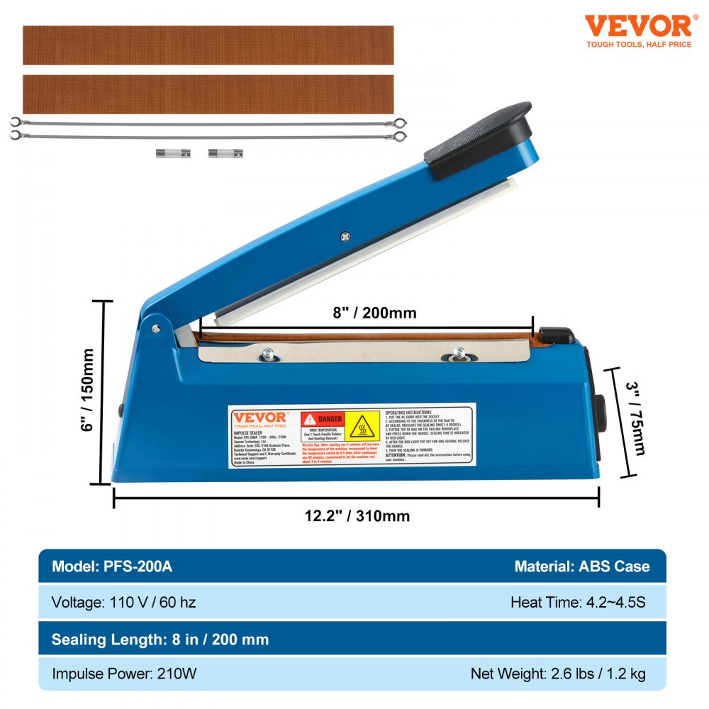VEVOR Impulse Sealer 8 inch, Manual Heat Seal Machine with Adjustable Heating Mode, ABS Shrink Wrap Bag Sealers for Plastic Mylar PE PP Bags, Portable Poly Bag Sealing Machine with Extra Replace Kit