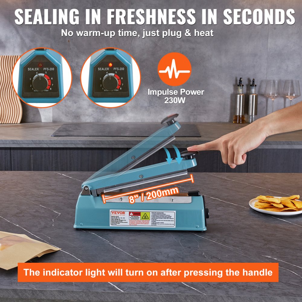 VEVOR Impulse Sealer 8 inch, Manual Heat Seal Machine with Adjustable Heating Mode, Iron Shrink Wrap Bag Sealers for Plastic Mylar PE PP Bags, Portable Poly Bag Sealing Machine with Extra Replace Kit