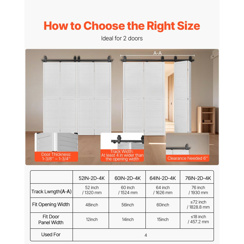 VEVOR Bi-Folding Sliding Barn Door Hardware Track Kit, 64" Top Mount Track Kit, Slide Smoothly & Quietly, Heavy Duty, Easy to Install, Suitable for Four 15" Closet Pantry Laundry Doors (Not Included)