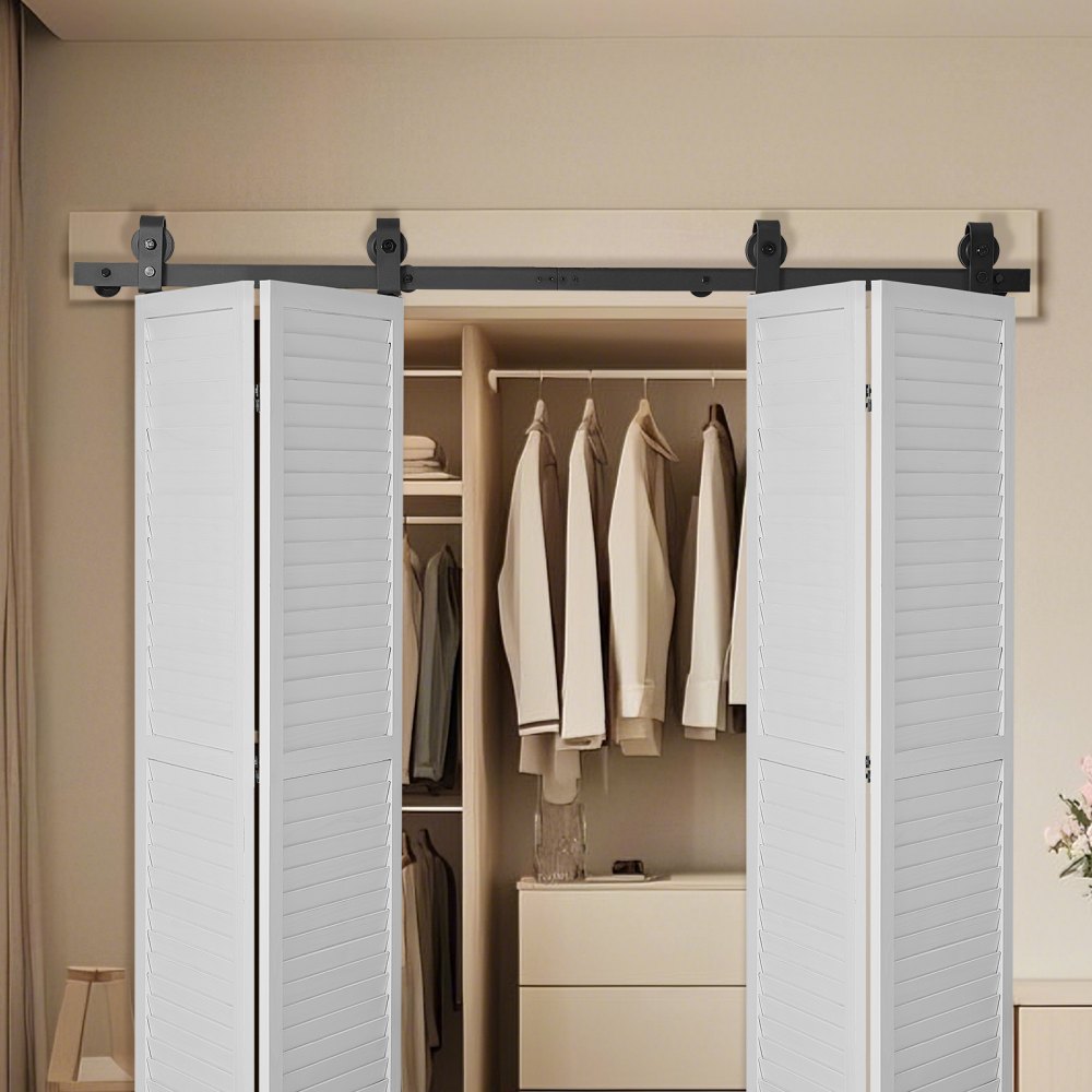 VEVOR Bi-Folding Sliding Barn Door Hardware Track Kit, 64" Top Mount Track Kit, Slide Smoothly & Quietly, Heavy Duty, Easy to Install, Suitable for Four 15" Closet Pantry Laundry Doors (Not Included)