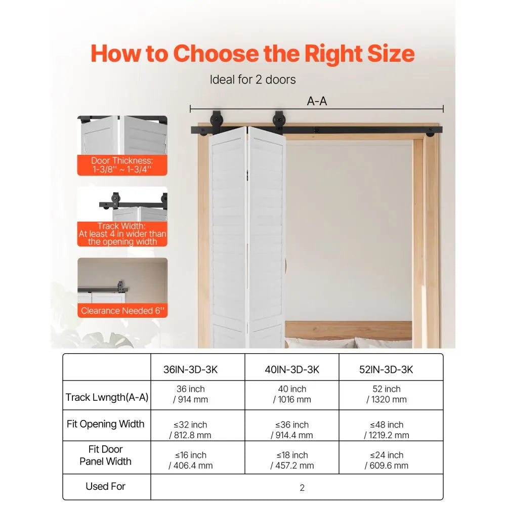VEVOR Bi-Folding Sliding Barn Door Hardware Track Kit, 52" Top Mount Track Kit, Slide Smoothly & Quietly, Heavy Duty, Easy to Install, Suitable for Two 24" Closet Pantry Laundry Doors (Not Included)