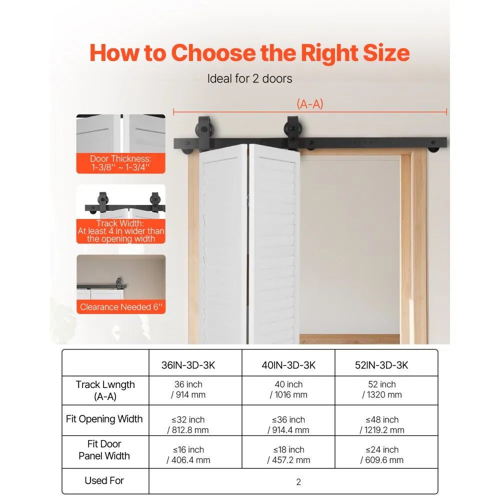 VEVOR Bi-Folding Sliding Barn Door Hardware Track Kit, 40" Top Mount Track Kit, Slide Smoothly & Quietly, Heavy Duty, Easy to Install, Suitable for Two 18" Closet Pantry Laundry Doors (Not Included)