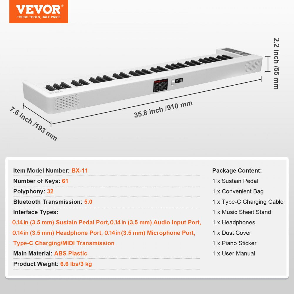 VEVOR 61 Key Folding Keyboard Piano, Bluetooth & MIDI, Portable Electronic Digital Foldable Piano with Sustain Pedal Touch Sensitive Lighted Keys Bag, Rechargeable for Beginners Teens Adults, White
