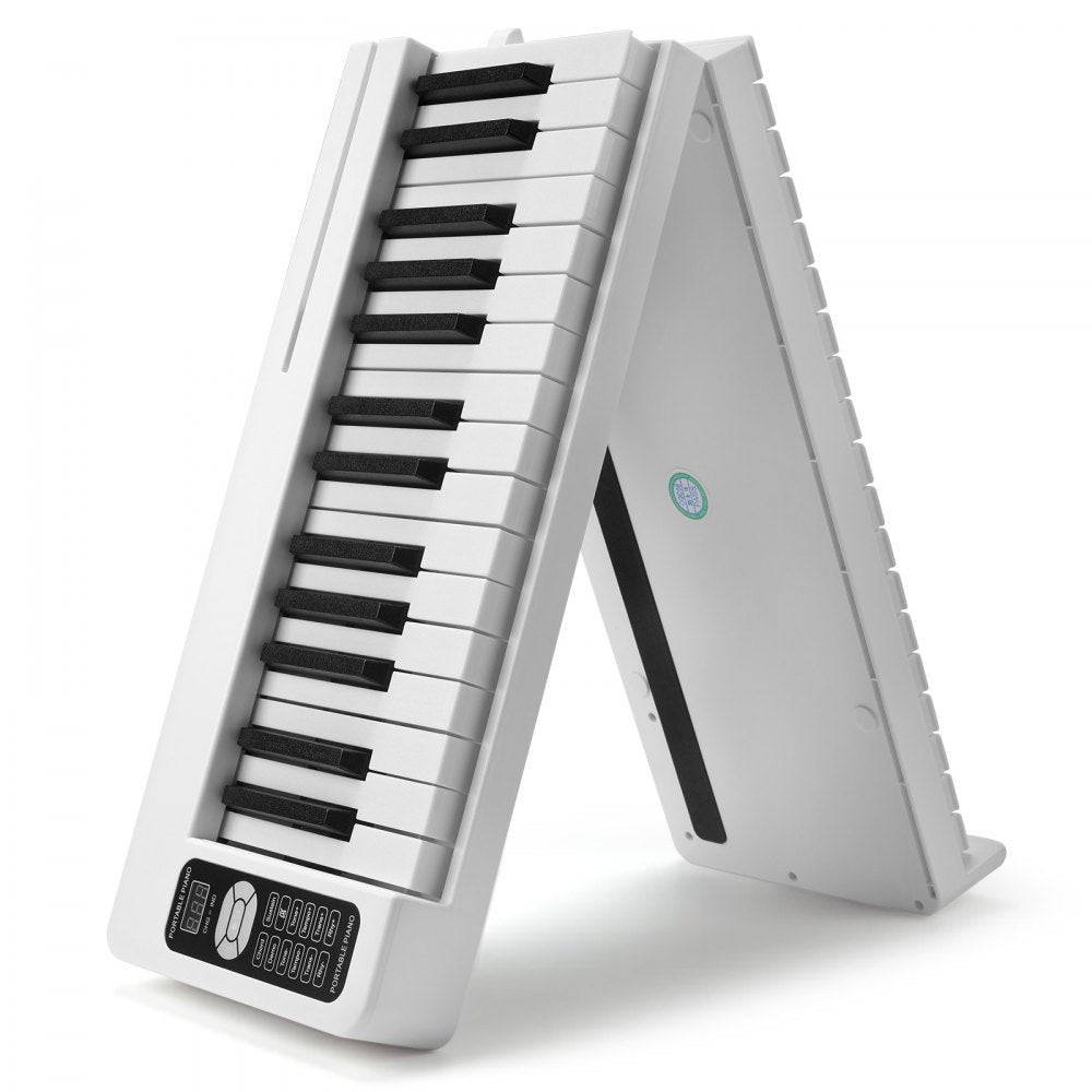VEVOR 61 Key Folding Keyboard Piano, Bluetooth & MIDI, Portable Electronic Digital Foldable Piano with Sustain Pedal Touch Sensitive Lighted Keys Bag, Rechargeable for Beginners Teens Adults, White