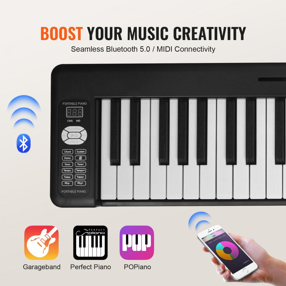 VEVOR 61 Key Folding Keyboard Piano, Bluetooth & MIDI, Portable Electronic Digital Foldable Piano with Sustain Pedal Touch Sensitive Lighted Keys Bag, Rechargeable for Beginners Teens Adults, Black