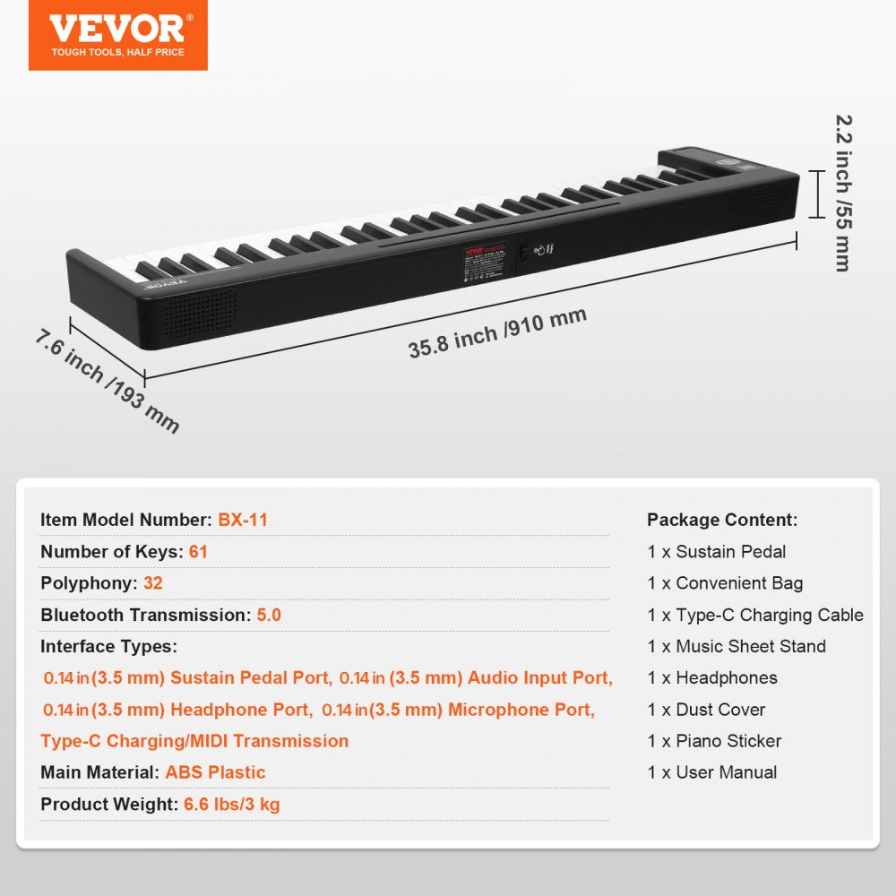 VEVOR 61 Key Folding Keyboard Piano, Bluetooth & MIDI, Portable Electronic Digital Foldable Piano with Sustain Pedal Touch Sensitive Lighted Keys Bag, Rechargeable for Beginners Teens Adults, Black