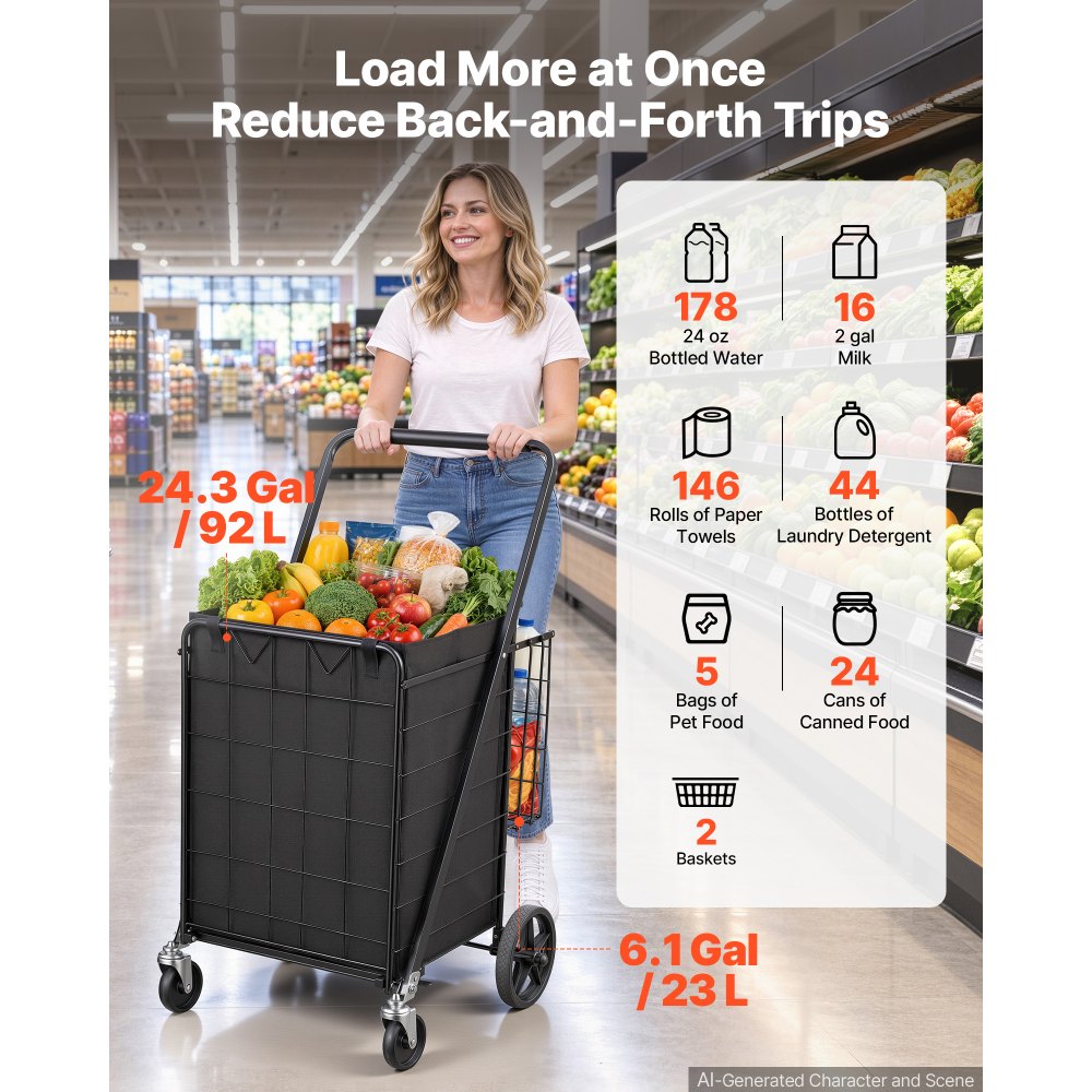 VEVOR Folding Shopping Cart, 24.3 Gal + 6.1 Gal Dual-Basket Grocery Cart, 220LBS Capacity, Steel Rolling Utility Cart with Waterproof Liner & 360° Swivel Wheel for Laundry, Shopping, Camping, Grocery