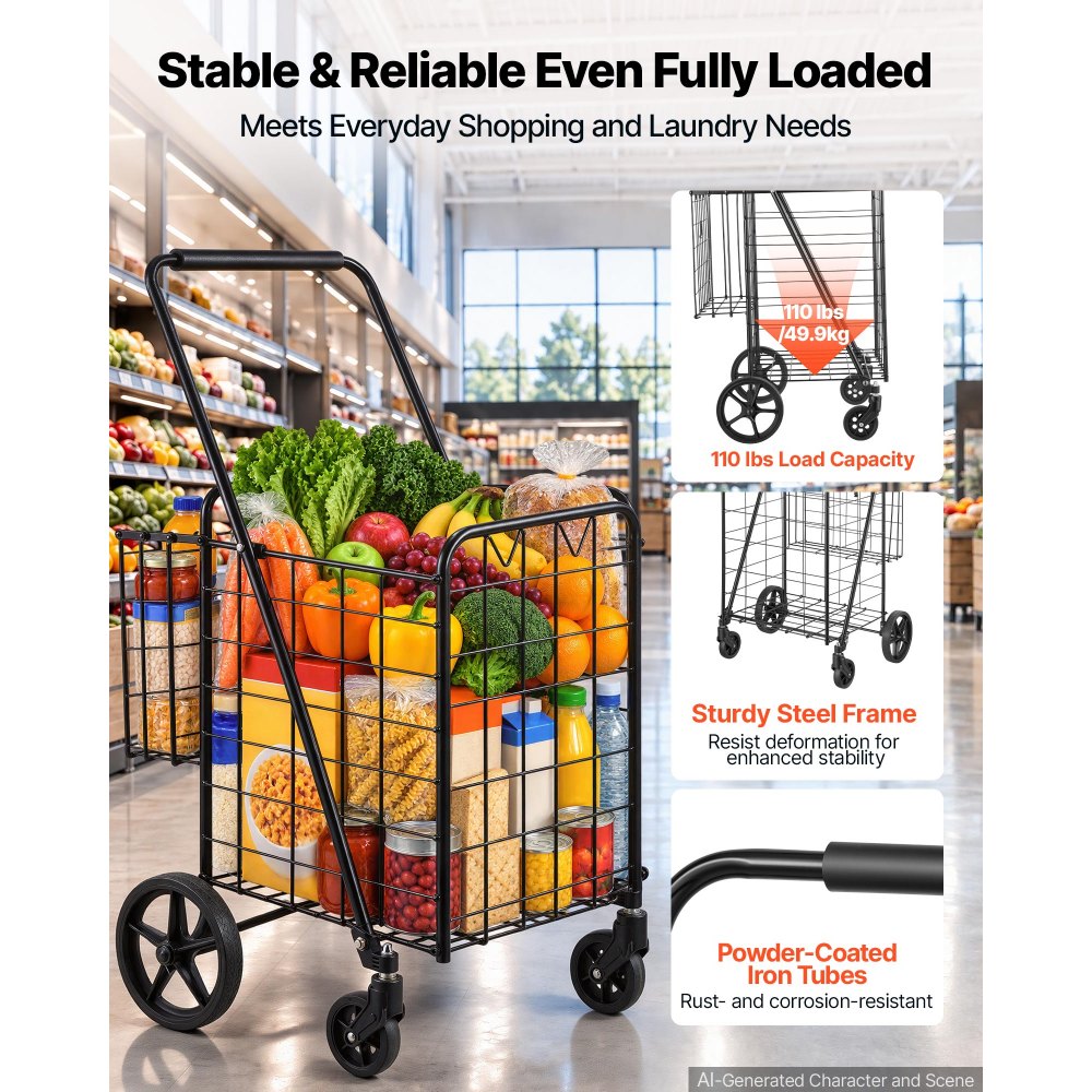 VEVOR Folding Shopping Cart, 25.6 Gal + 5.8 Gal Dual-Basket Grocery Cart, 110LBS Heavy Duty Capacity, Steel Rolling Utility Cart with 360° Swivel Wheels for Laundry, Shopping, Camping, Groceries