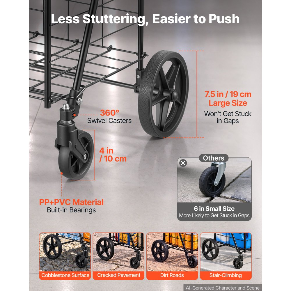 VEVOR Folding Shopping Cart, 25.6 Gal + 5.8 Gal Dual-Basket Grocery Cart, 110LBS Heavy Duty Capacity, Steel Rolling Utility Cart with 360° Swivel Wheels for Laundry, Shopping, Camping, Groceries