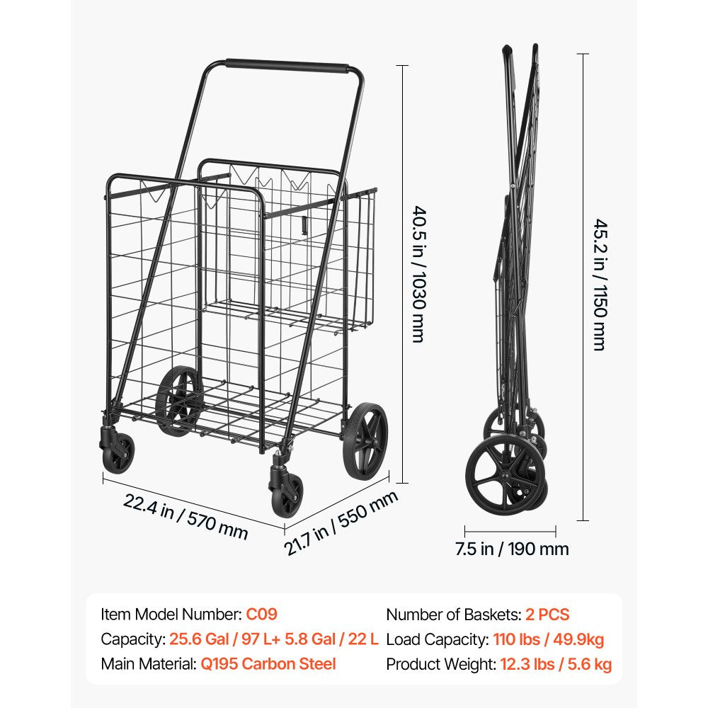 VEVOR Folding Shopping Cart, 25.6 Gal + 5.8 Gal Dual-Basket Grocery Cart, 110LBS Heavy Duty Capacity, Steel Rolling Utility Cart with 360° Swivel Wheels for Laundry, Shopping, Camping, Groceries