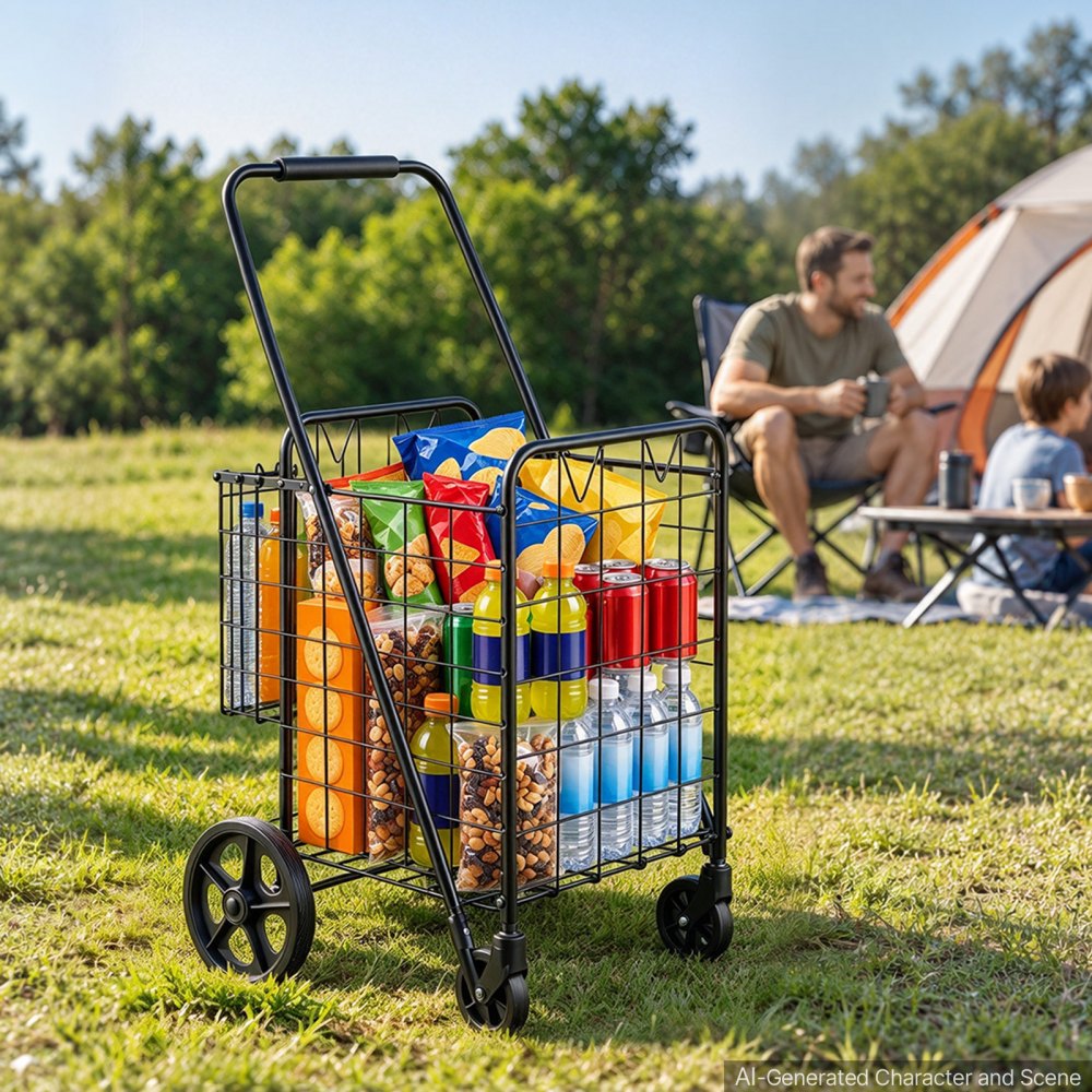 VEVOR Folding Shopping Cart, 25.6 Gal + 5.8 Gal Dual-Basket Grocery Cart, 110LBS Heavy Duty Capacity, Steel Rolling Utility Cart with 360° Swivel Wheels for Laundry, Shopping, Camping, Groceries