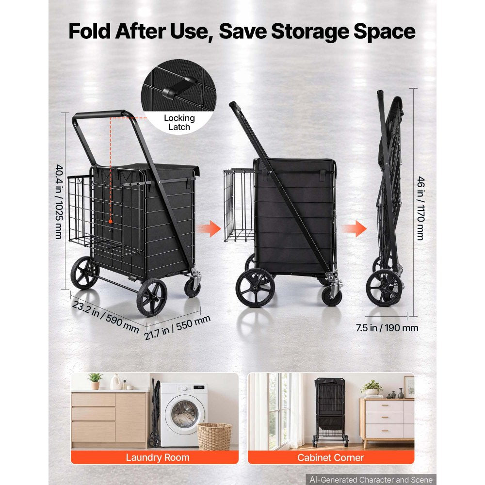 VEVOR Folding Shopping Cart, 36.7 Gal + 6.1 Gal Dual-Basket Grocery Cart, 260LBS Capacity, Large Rolling Utility Cart with Waterproof Liner & 360° Swivel Wheel for Laundry, Shopping, Camping, Grocery