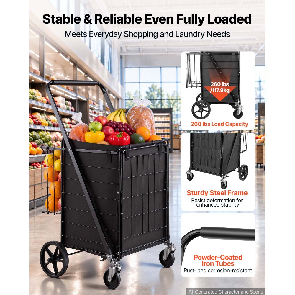 VEVOR Folding Shopping Cart, 36.7 Gal + 6.1 Gal Dual-Basket Grocery Cart, 260LBS Capacity, Large Rolling Utility Cart with Waterproof Liner & 360° Swivel Wheel for Laundry, Shopping, Camping, Grocery