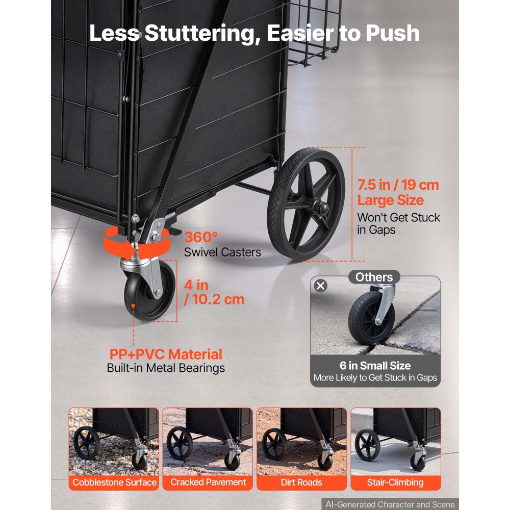 VEVOR Folding Shopping Cart, 36.7 Gal + 6.1 Gal Dual-Basket Grocery Cart, 260LBS Capacity, Large Rolling Utility Cart with Waterproof Liner & 360° Swivel Wheel for Laundry, Shopping, Camping, Grocery