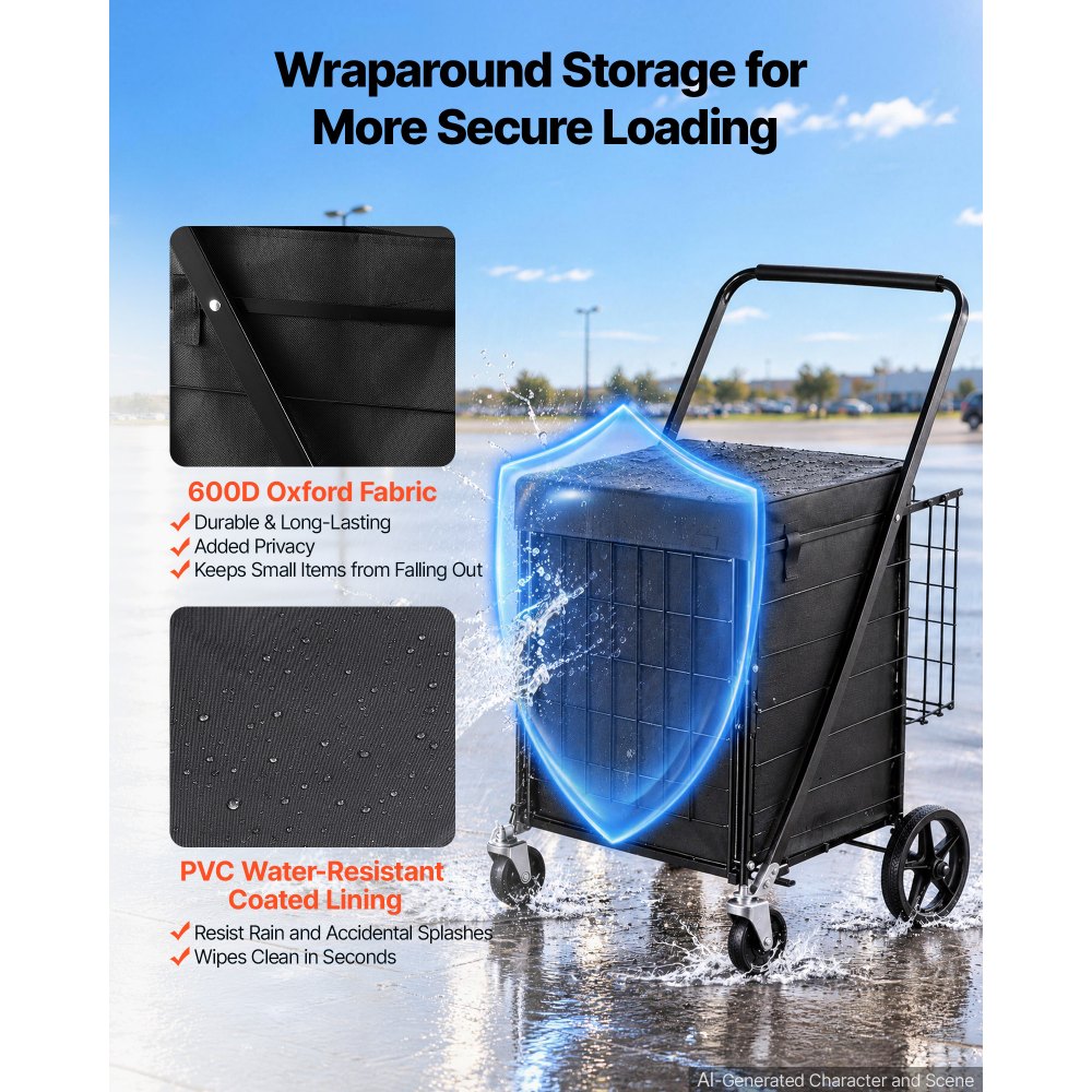 VEVOR Folding Shopping Cart, 36.7 Gal + 6.1 Gal Dual-Basket Grocery Cart, 260LBS Capacity, Large Rolling Utility Cart with Waterproof Liner & 360° Swivel Wheel for Laundry, Shopping, Camping, Grocery