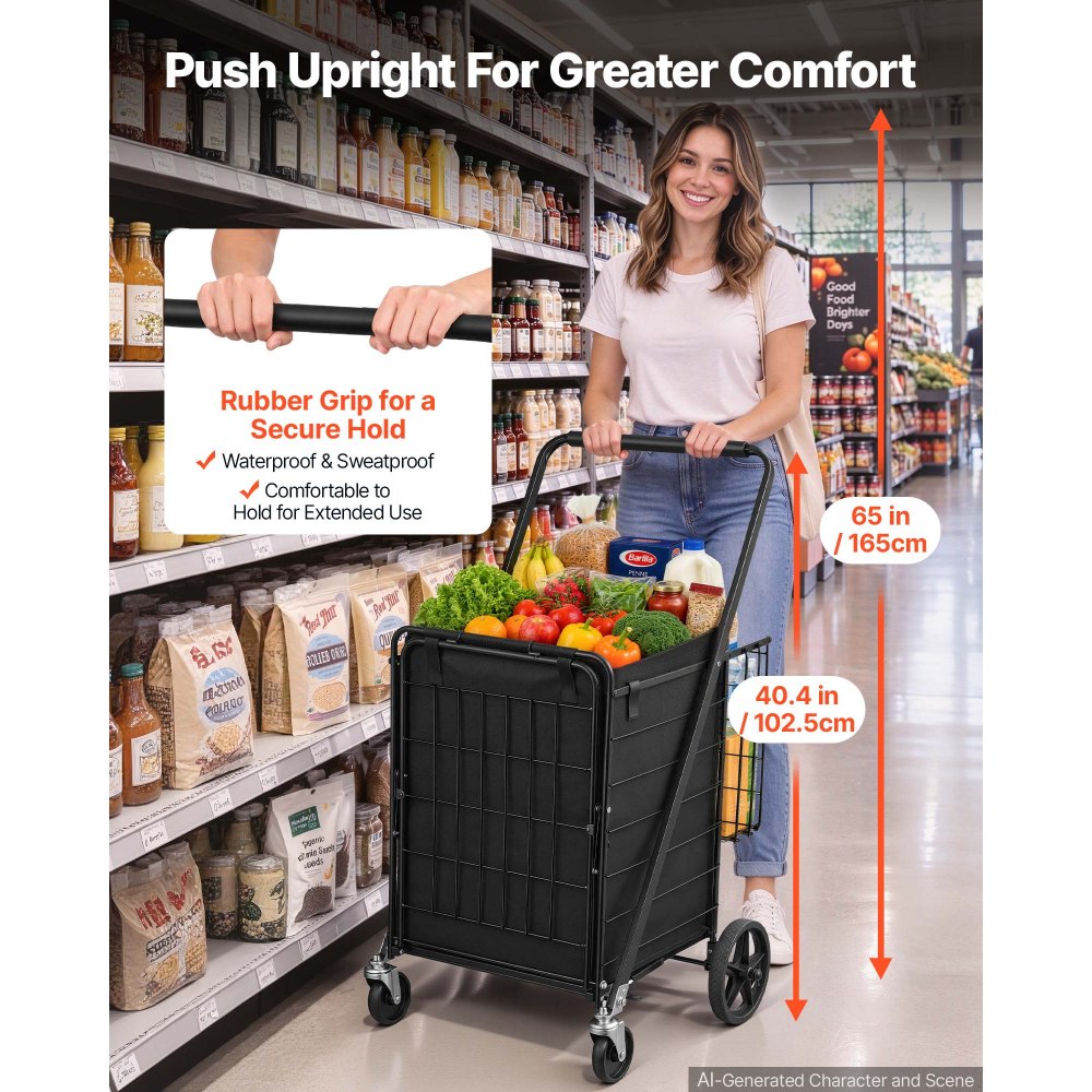 VEVOR Folding Shopping Cart, 36.7 Gal + 6.1 Gal Dual-Basket Grocery Cart, 260LBS Capacity, Large Rolling Utility Cart with Waterproof Liner & 360° Swivel Wheel for Laundry, Shopping, Camping, Grocery