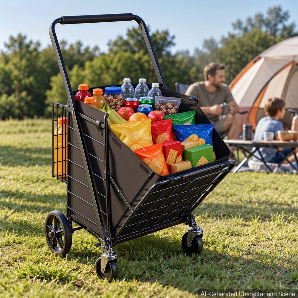 VEVOR Folding Shopping Cart, 36.7 Gal + 6.1 Gal Dual-Basket Grocery Cart, 260LBS Capacity, Large Rolling Utility Cart with Waterproof Liner & 360° Swivel Wheel for Laundry, Shopping, Camping, Grocery