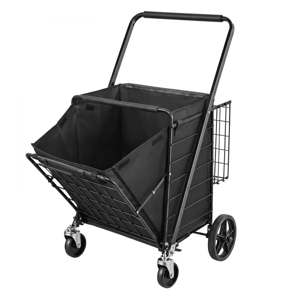 VEVOR Folding Shopping Cart, 36.7 Gal + 6.1 Gal Dual-Basket Grocery Cart, 260LBS Capacity, Large Rolling Utility Cart with Waterproof Liner & 360° Swivel Wheel for Laundry, Shopping, Camping, Grocery
