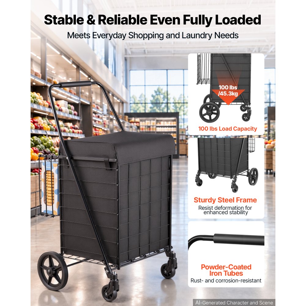 VEVOR Folding Shopping Cart, 17.7 Gal + 3.4 Gal Dual-Basket Grocery Cart, 100LBS Capacity, Steel Rolling Utility Cart with Waterproof Liner & 360° Swivel Wheel for Laundry, Shopping, Camping, Grocery