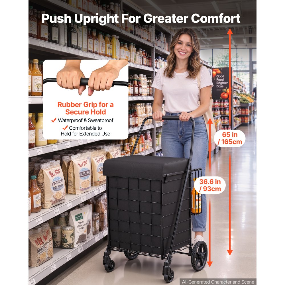 VEVOR Folding Shopping Cart, 17.7 Gal + 3.4 Gal Dual-Basket Grocery Cart, 100LBS Capacity, Steel Rolling Utility Cart with Waterproof Liner & 360° Swivel Wheel for Laundry, Shopping, Camping, Grocery
