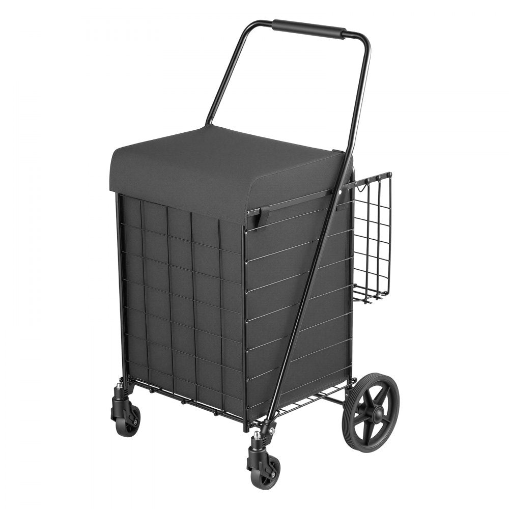 VEVOR Folding Shopping Cart, 17.7 Gal + 3.4 Gal Dual-Basket Grocery Cart, 100LBS Capacity, Steel Rolling Utility Cart with Waterproof Liner & 360° Swivel Wheel for Laundry, Shopping, Camping, Grocery