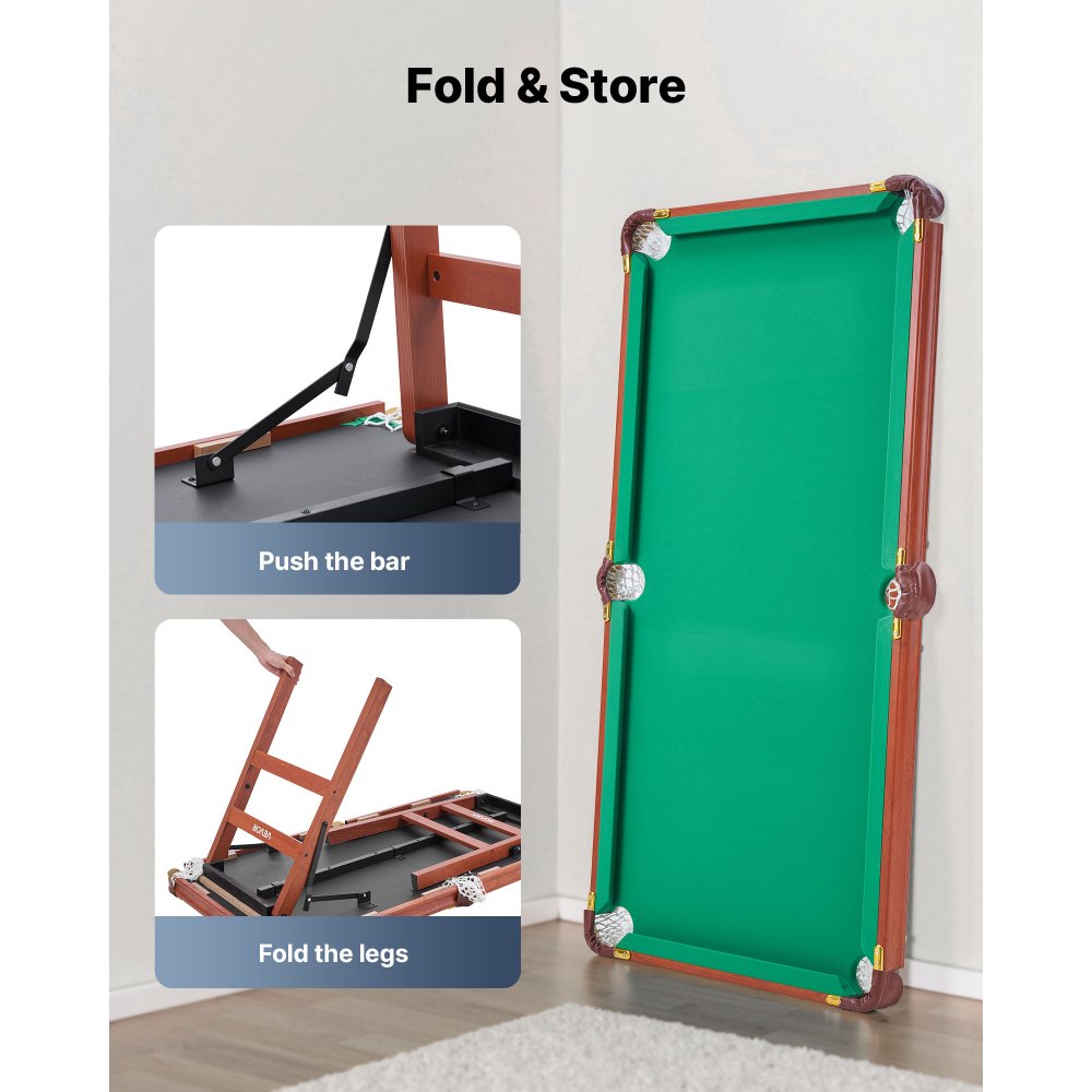 VEVOR Folding Pool Table, 4.5 ft Portable Billiards Tables, Foldable Space-Saving Entertainment Game Set Includes Ball, Cue, Rack, Chalk, Brush, Brown with Bule Cloth, for Family Use, Recreation Room