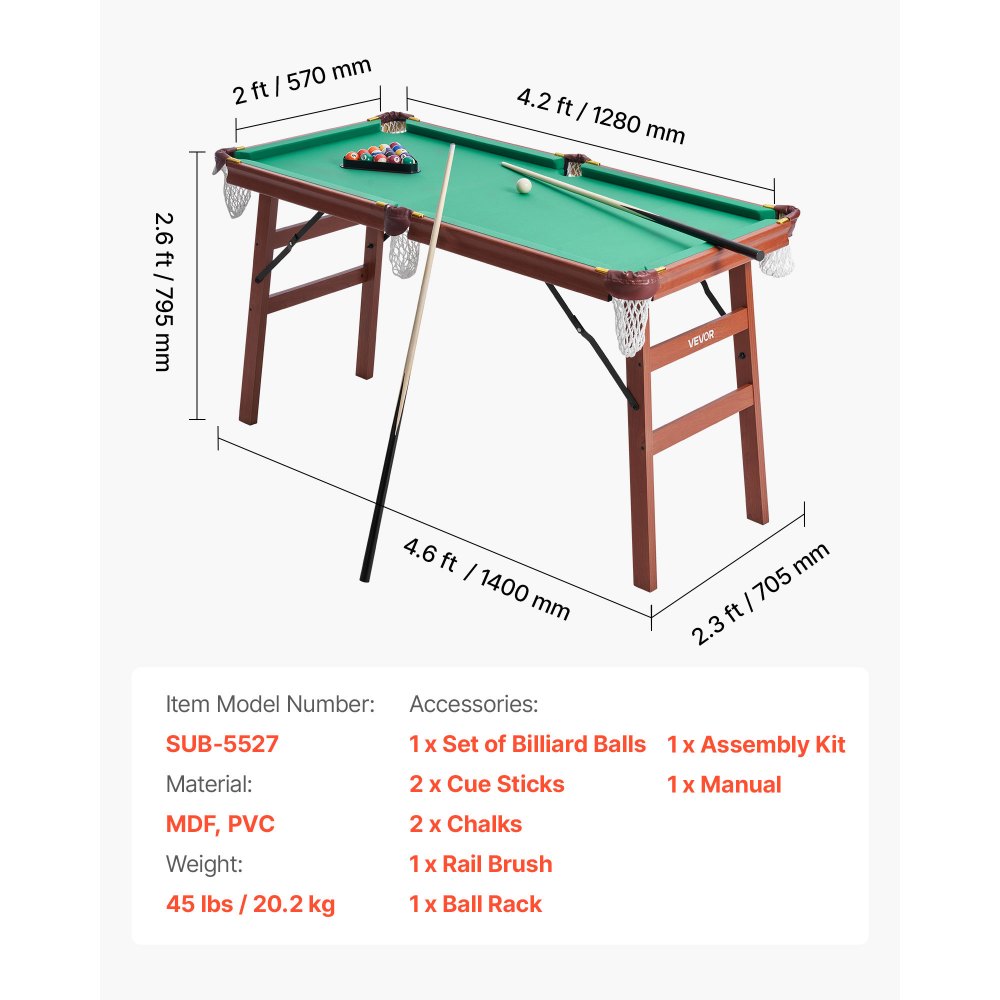 VEVOR Folding Pool Table, 4.5 ft Portable Billiards Tables, Foldable Space-Saving Entertainment Game Set Includes Ball, Cue, Rack, Chalk, Brush, Brown with Bule Cloth, for Family Use, Recreation Room