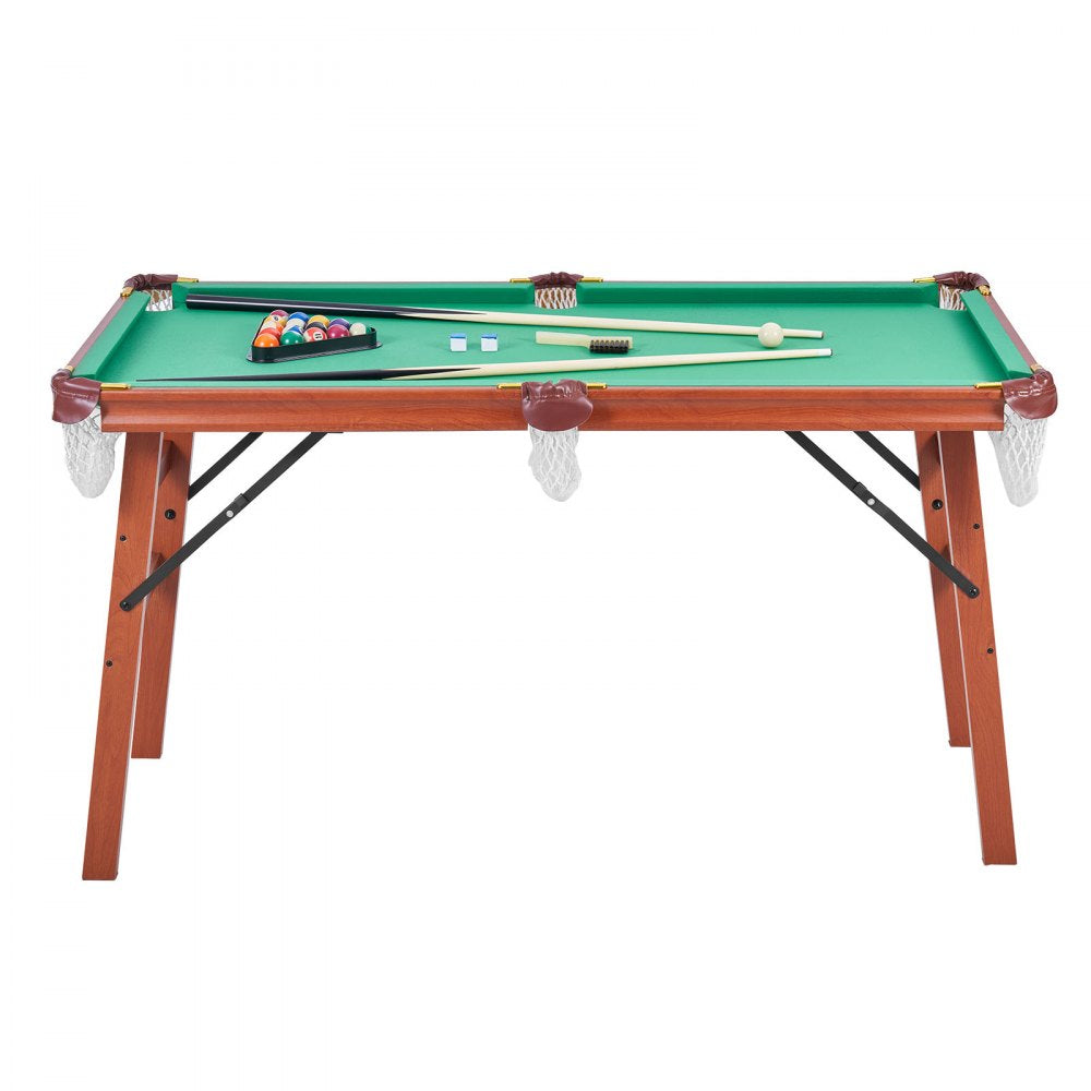VEVOR Folding Pool Table, 4.5 ft Portable Billiards Tables, Foldable Space-Saving Entertainment Game Set Includes Ball, Cue, Rack, Chalk, Brush, Brown with Bule Cloth, for Family Use, Recreation Room