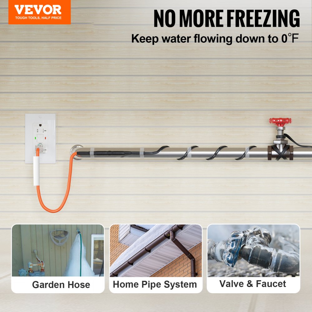 VEVOR Self-Regulating Pipe Heating Cable, 3FT 5W/FT Heat Tape for Pipes Freeze Protection, Water Pipe Heat Cable with Built-in Thermostat Protects PVC Hose, Metal and Plastic Pipe from Freezing