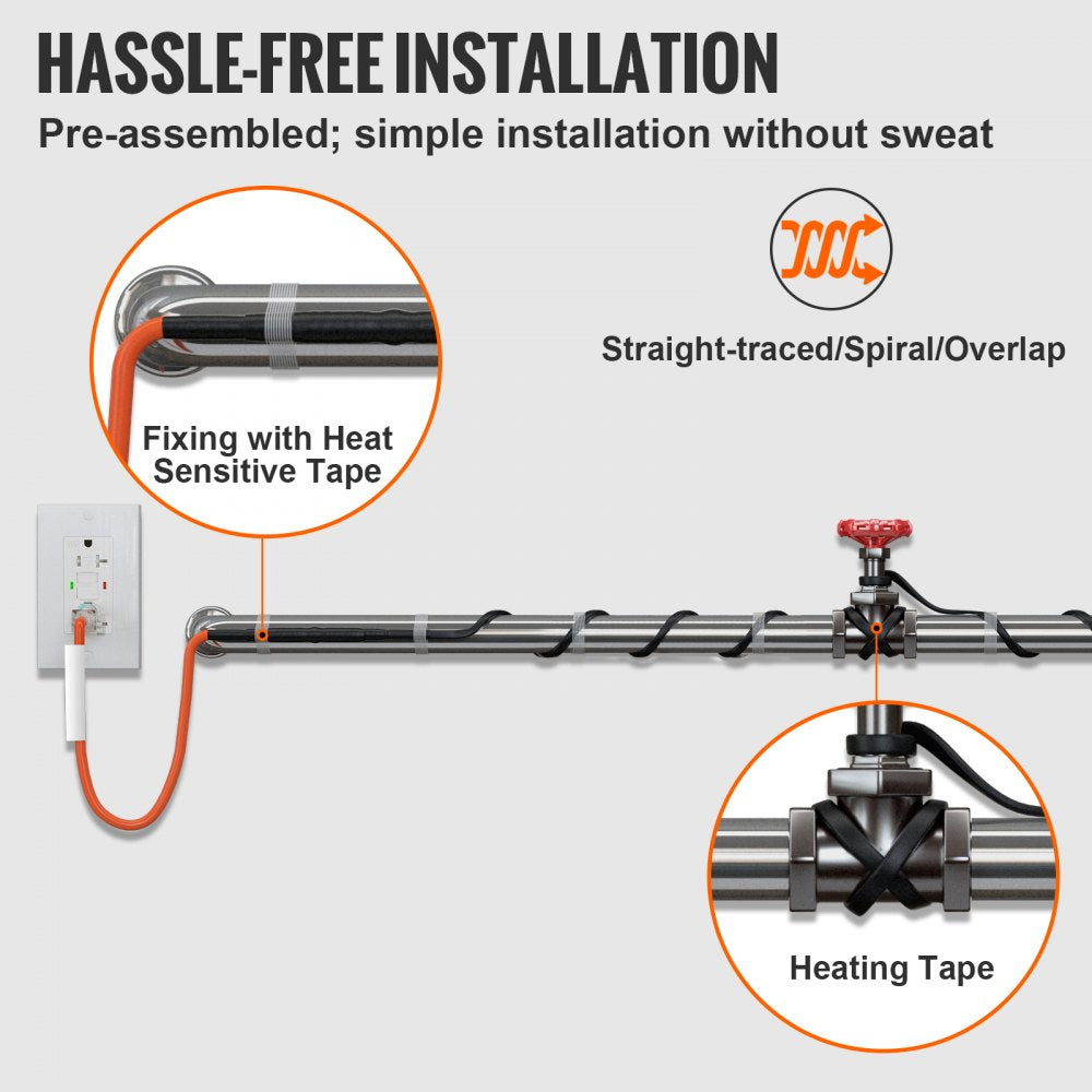 VEVOR Self-Regulating Pipe Heating Cable, 40FT 5W/FT Heat Tape for Pipes Freeze Protection, Water Pipe Heat Cable with Built-in Thermostat Protects PVC Hose, Metal and Plastic Pipe from Freezing
