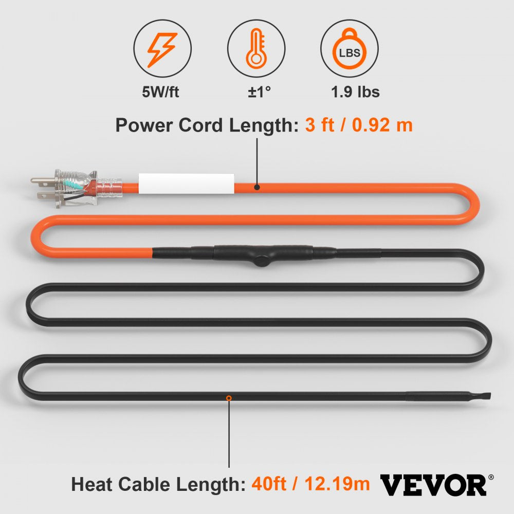 VEVOR Self-Regulating Pipe Heating Cable, 40FT 5W/FT Heat Tape for Pipes Freeze Protection, Water Pipe Heat Cable with Built-in Thermostat Protects PVC Hose, Metal and Plastic Pipe from Freezing