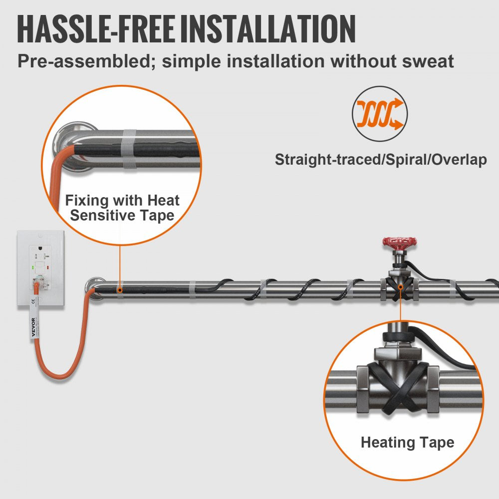 VEVOR Self-Regulating Pipe Heating Cable, 18-feet 5W/ft Heat Tape for Pipes Freeze Protection, Protects PVC Hose, Metal and Plastic Pipe from Freezing, 120V