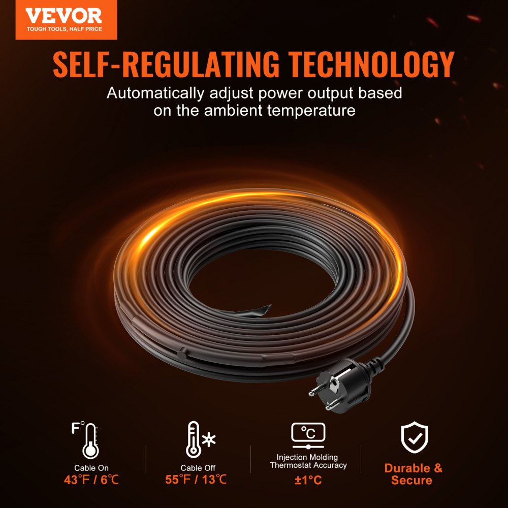 VEVOR Self-Regulating Pipe Heating Cable, 60-feet 5W/ft Heat Tape for Pipes Freeze Protection, Protects PVC Hose, Metal and Plastic Pipe from Freezing, 120V