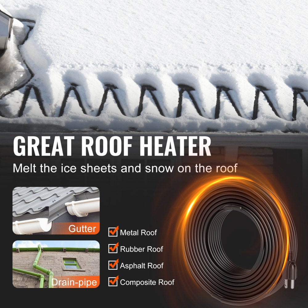 VEVOR Self-Regulating Pipe Heating Cable, 100FT 5W/FT Heat Tape for Pipes, Roof Snow Melting De-icing, Gutter and Pipe Freeze Protection