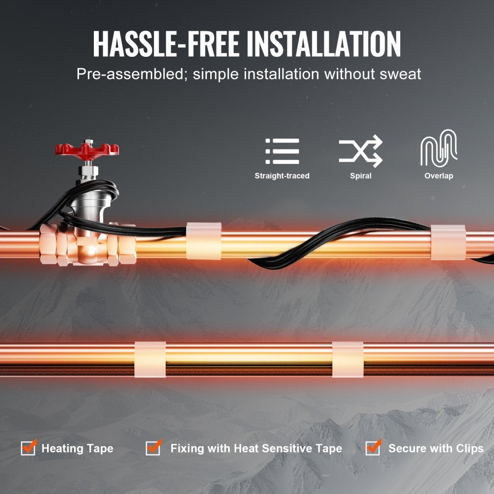 VEVOR Self-Regulating Pipe Heating Cable, 100FT 5W/FT Heat Tape for Pipes, Roof Snow Melting De-icing, Gutter and Pipe Freeze Protection