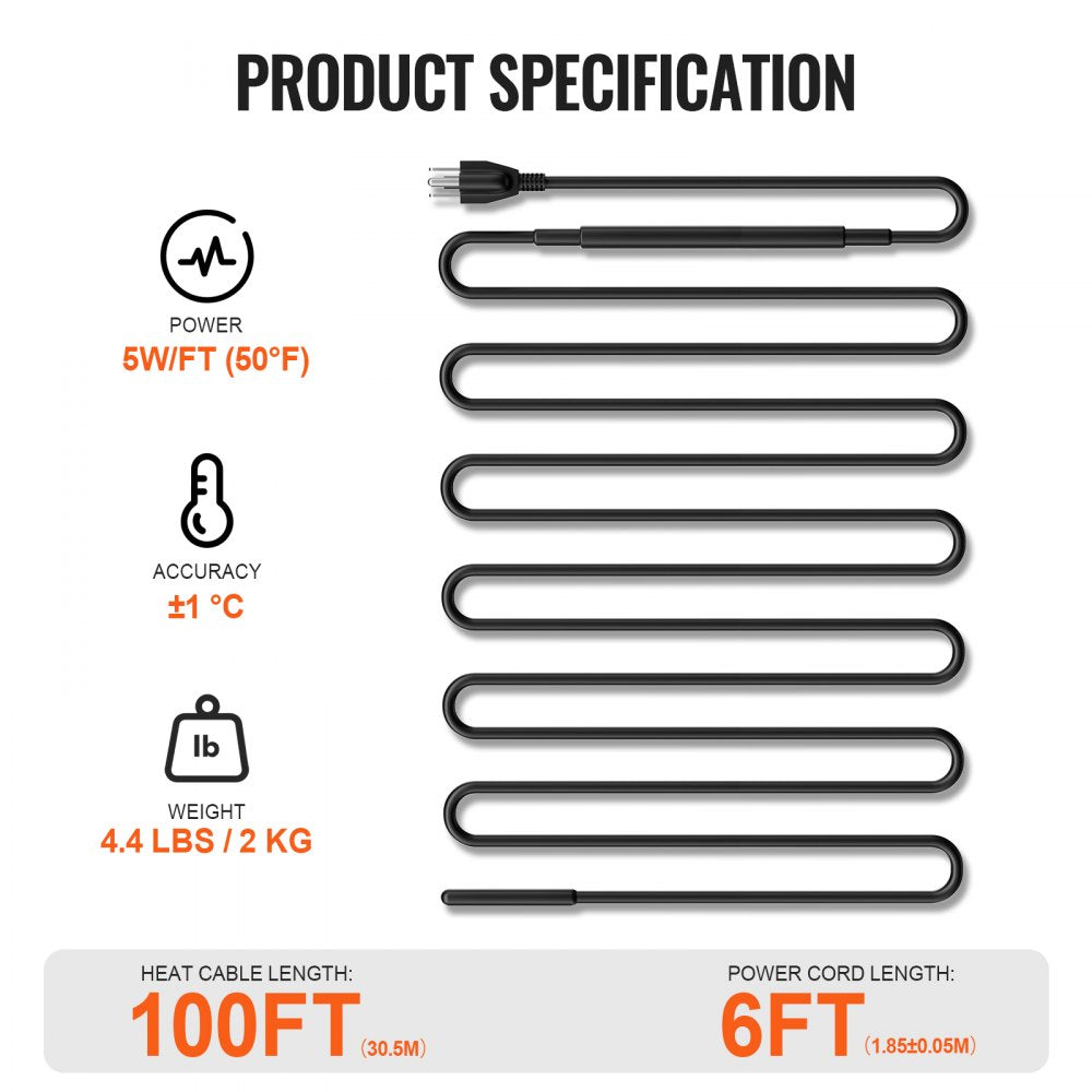 VEVOR Self-Regulating Pipe Heating Cable, 100FT 5W/FT Heat Tape for Pipes, Roof Snow Melting De-icing, Gutter and Pipe Freeze Protection